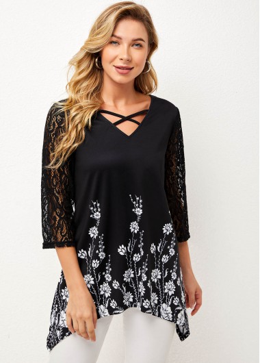 ROTITA Black Lace Stitching Asymmetric Hem T Shirt