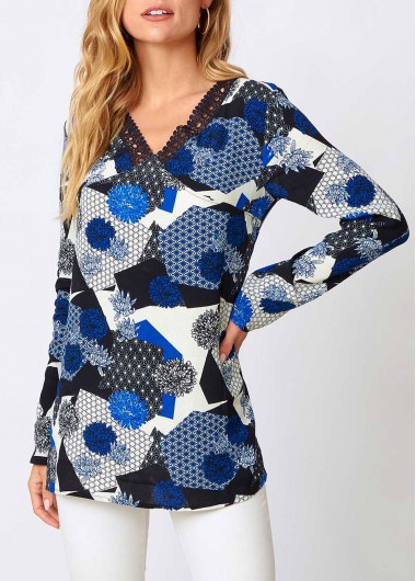 ROTITA V Neck Lace Panel Floral Print Blouse