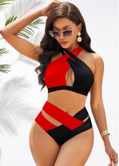 High Waist Contrast Cross Strap Bikini Set