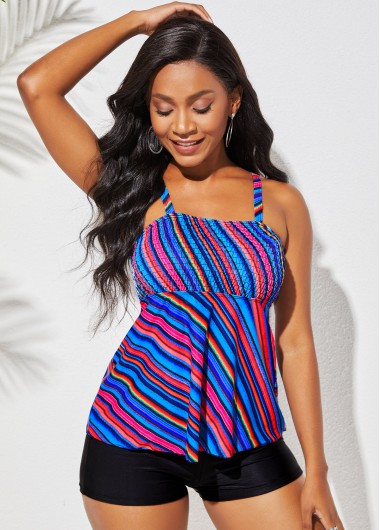 Smocked Rainbow Color Wide Strap Tankini Set