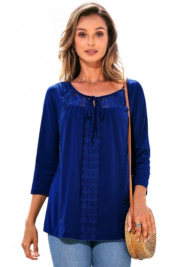 ROTITA Tie Front Lace Stitching 3/4 Sleeve T Shirt