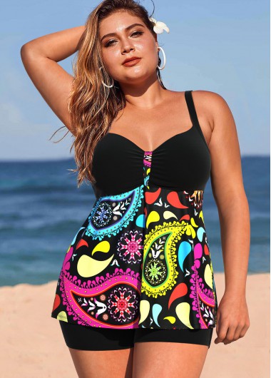 Plus Size Paisley Print Colorful Tankini Set