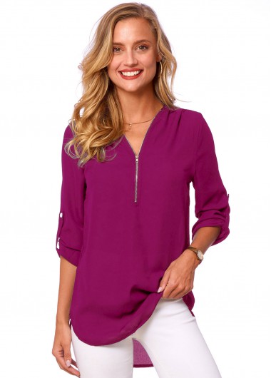 Solid Quarter Zip Button Detail T Shirt