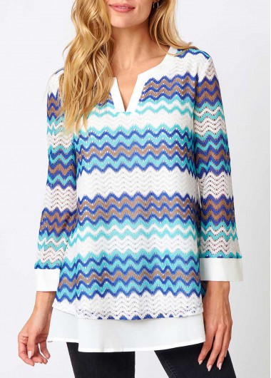 Split Neck Layered Hem Chevron Print Blouse
