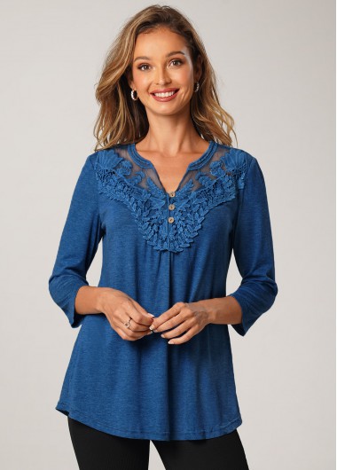Solid 3/4 Sleeve Split Neck T Shirt