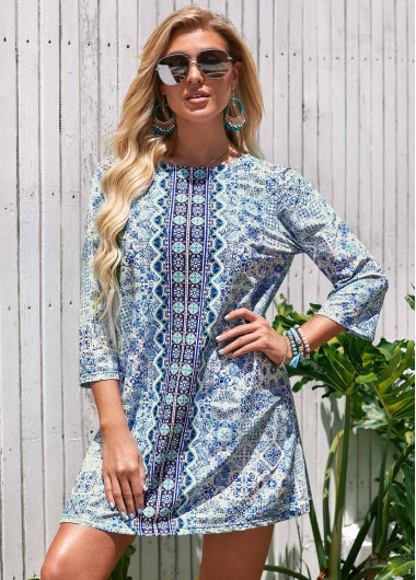 Round Neck 3/4 Sleeve Printed Cover Up