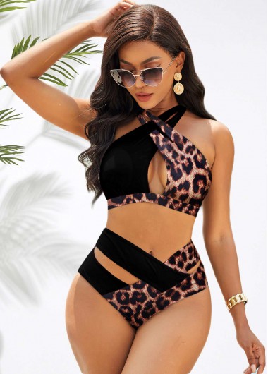 ROTITA Cross Strap Contrast Leopard Bikini Set