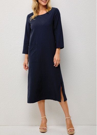 Pocket Double Slit Solid Round Neck Dress