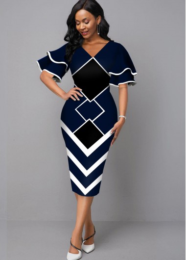 Geometric Print V Neck Sheath Dress