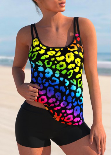 Leopard Rainbow Color Double Straps Tankini Set