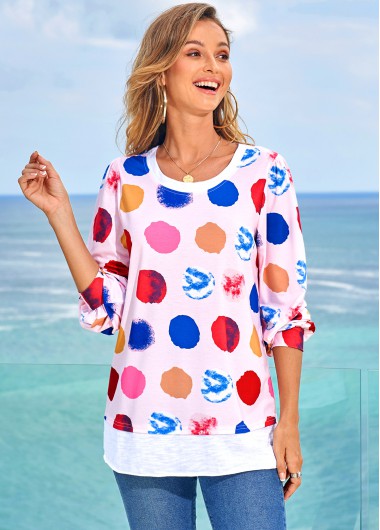 ROTITA Polka Dot Rainbow Color Long Sleeve T Shirt