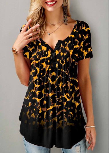 ROTITA Split Neck Short Sleeve Leopard Blouse