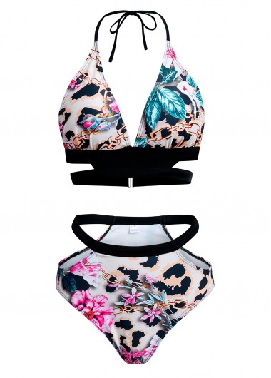 ROTITA Halter Floral Print Leopard Bikini Set