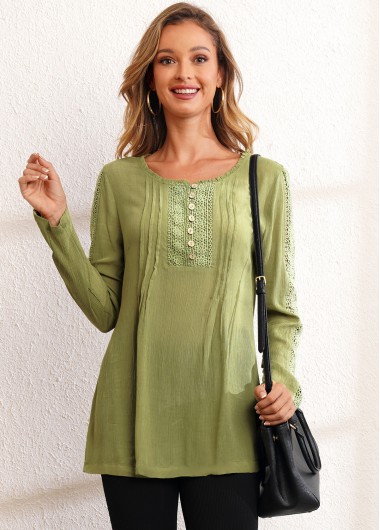 ROTITA Lace Stitching Crinkle Chest Long Sleeve Blouse