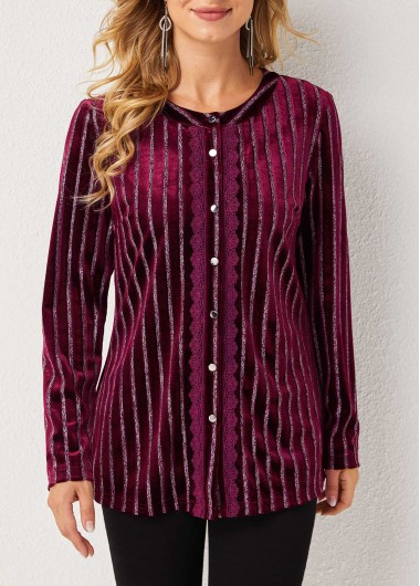 ROTITA Stripe Print Round Neck Long Sleeve Blouse