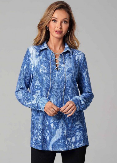 Printed Lace Up Long Sleeve Turndown Collar T Shirt