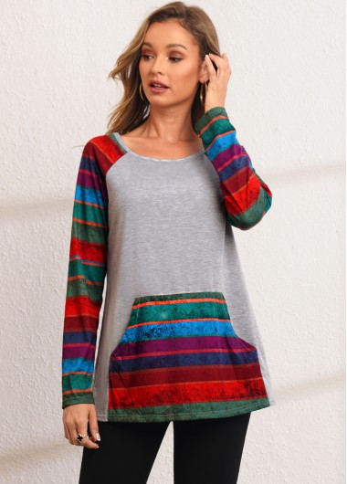 Long Sleeve Rainbow Stripe Kangaroo Pocket Sweatshirt