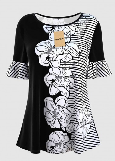 Short Sleeve Stripe and Floral Print Round Neck T Shirt