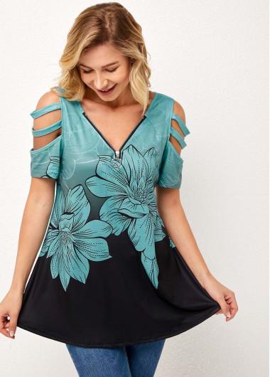Ladder Cutout Floral Print Quarter Zip T Shirt