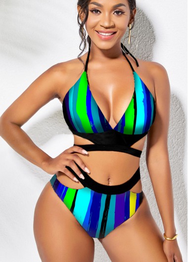 Halter Striped Mid Waist Bikini Set