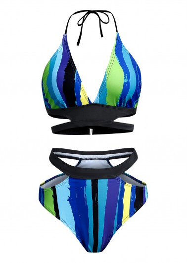 ROTITA Mid Waist Striped Halter Bikini Set