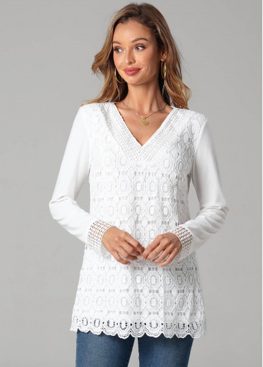Solid Lace Splicing Long Sleeve V Neck T Shirt