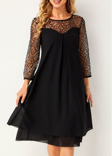 Layered Hem Lace Stitching Round Neck Dress