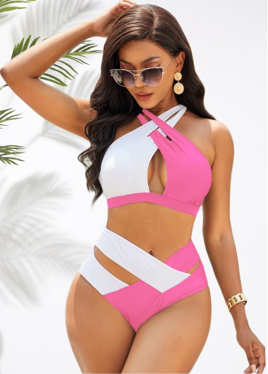 ROTITA Contrast Cross Halter High Waist Bikini Set