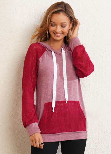 ROTITA Lace Stitching Kangaroo Pocket Drawstring Hoodie