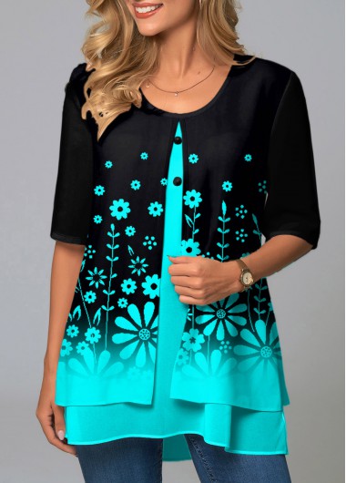 Round Neck Ombre Floral Print Faux Two Piece T Shirt