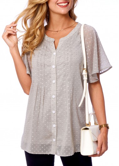 Solid Split Neck Short Sleeve Blouse
