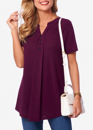 Short Deep Purple Sleeve Split Neck Solid T Shirt
