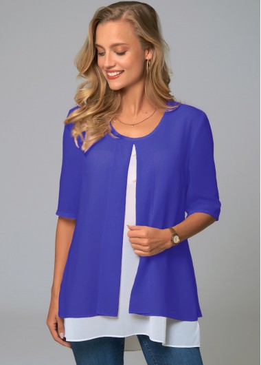 ROTITA Round Neck Faux Two Piece Decorative Button Blouse