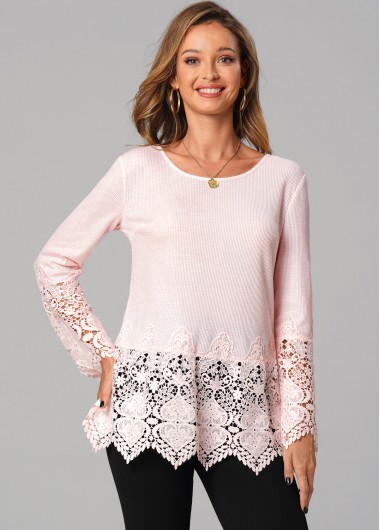 Long Sleeve Lace Stitching Round Neck Valentines T Shirt