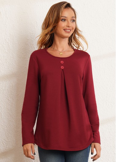 Long Sleeve Decorative Button Round Neck Valentines T Shirt