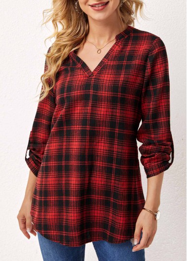 Long Sleeve Split Neck Plaid Blouse