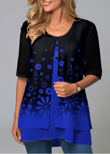 Floral Print Ombre Faux Two Piece T Shirt