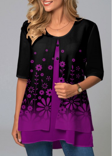Floral Print Ombre Round Neck Faux Two Piece T Shirt