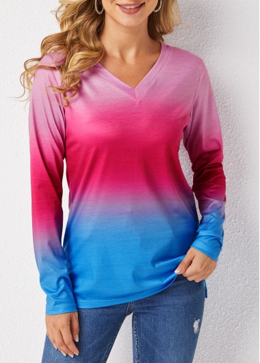 Ombre V Neck Long Sleeve T Shirt