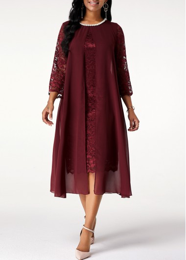 Lace Stitching Pearl 3/4 Sleeve Chiffon Dress