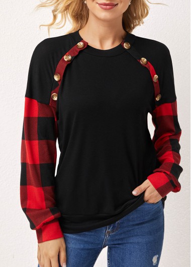 Plaid Decorative Button Long Sleeve Round Neck Sweatshirt
