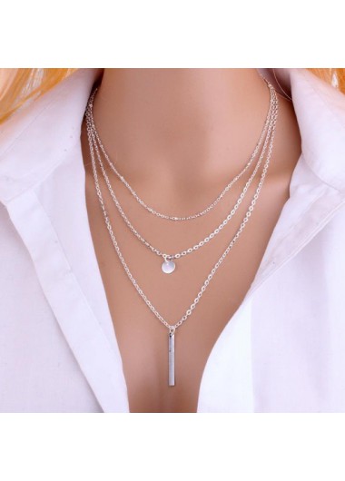 Layered Design Silver Metal Bar Pendant Necklace