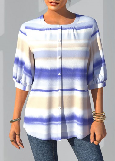 Tie Dye Decorative Button Three Quarters Sleeve Blouse