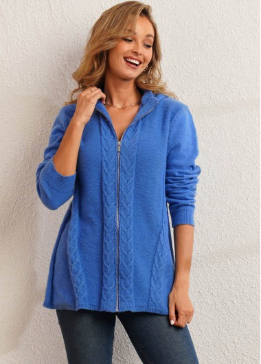 ROTITA Hooded Collar Zipper Closure Blue Cardigan