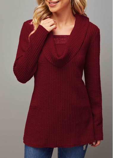 Lace Patchwork Valentines Wine Red Draped Neck Sweatshirt
