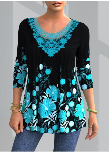 Floral Print Lace Blue Round Neck Blouse