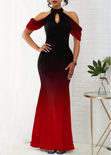 Ombre Bib Neck Cold Shoulder Mermaid Dress
