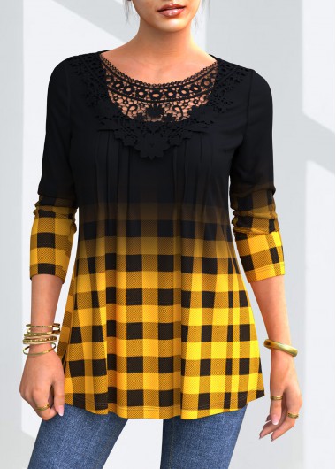 Ombre Lace Stitching Plaid Long Sleeve Blouse