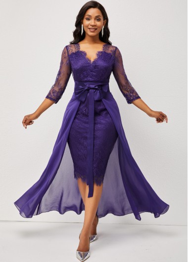 ROTITA Purple 3/4 Sleeve Multiway Lace Patchwork Dress