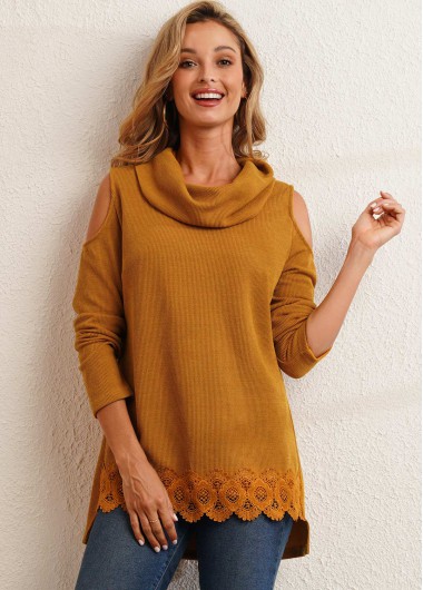 Lace Patchwork Ginger Cowl Neck Regular Sleeve Sweatshirt